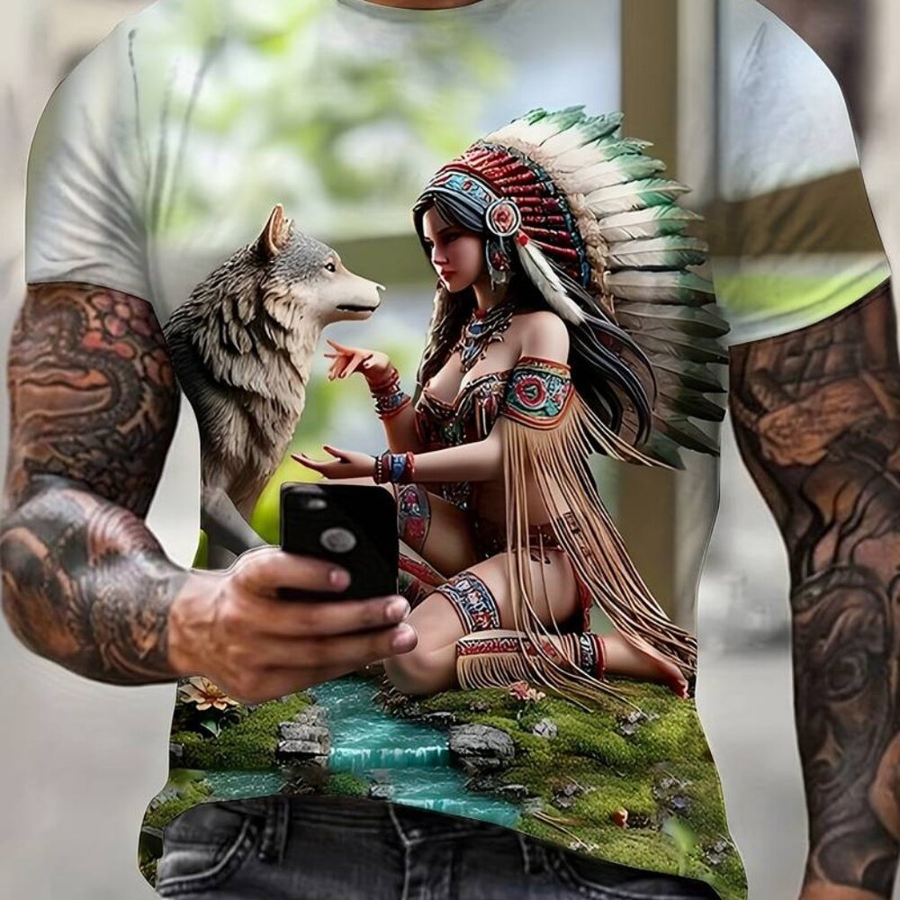 NWT Men's T-Shirt, Indian Maiden with Young Wolf, ,Print is front and back,S&XL